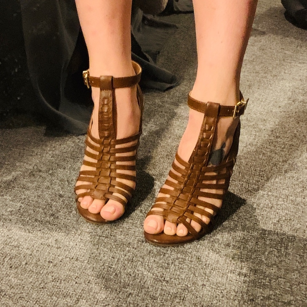 Express brown faux leather strappy block heels